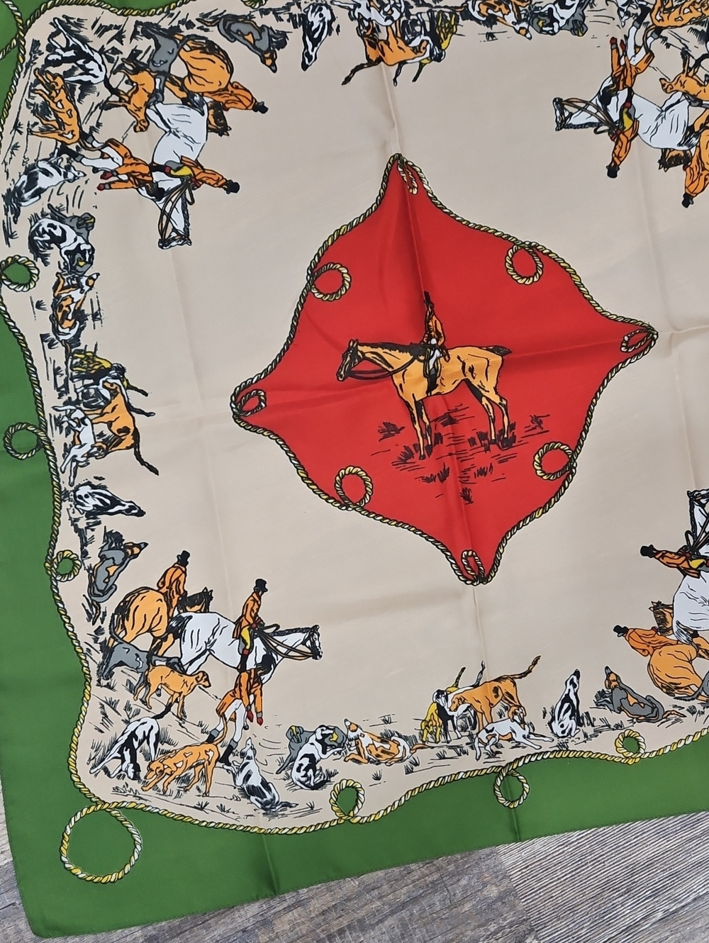 Vintage Scarf Equestrian Horses Theme Green Red Cream EUC
